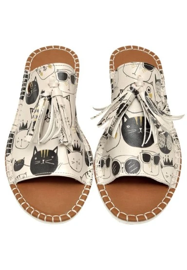 Femme Cuir Vegan Beige Sandales - Monochrome Cats Motif - 