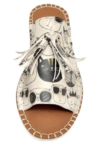 Femme Cuir Vegan Beige Sandales - Monochrome Cats Motif - 