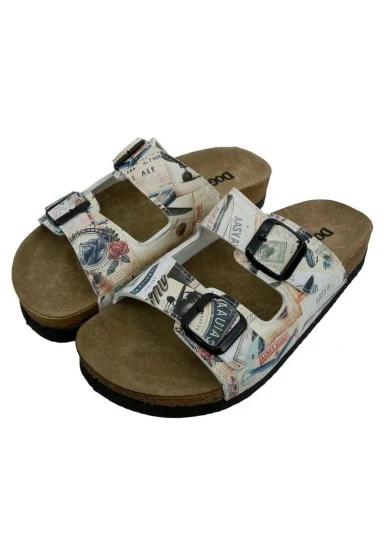 Femme Cuir Vegan Beige Sandales - Aeroplanes Motif - 