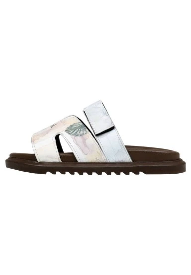 Femme Cuir Vegan Beige Sandales - Ink and Pictures Motif - 