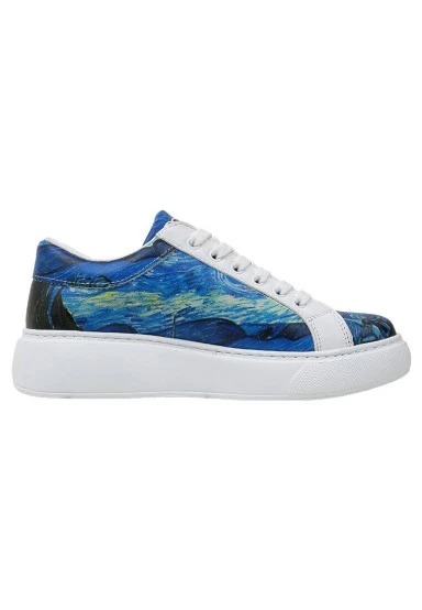 Femme Cuir Vegan Blanc Baskets - Vincent van Gogh The Starry Night Muse Motif - 