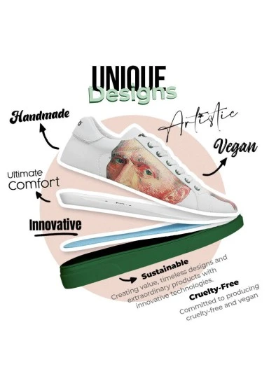 Femme Cuir Vegan Blanc Baskets - Vincent van Gogh Self Portrait Motif - 