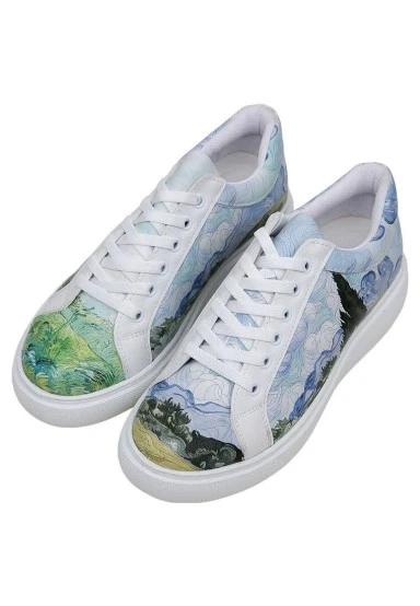 Femme Cuir Vegan Blanc Baskets - Vincent van Gogh A Wheat Field with Cypresses Motif - 
