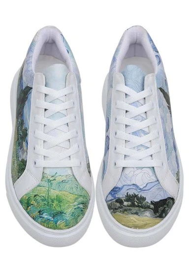 Femme Cuir Vegan Blanc Baskets - Vincent van Gogh A Wheat Field with Cypresses Motif - 