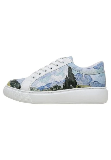 Femme Cuir Vegan Blanc Baskets - Vincent van Gogh A Wheat Field with Cypresses Motif - 