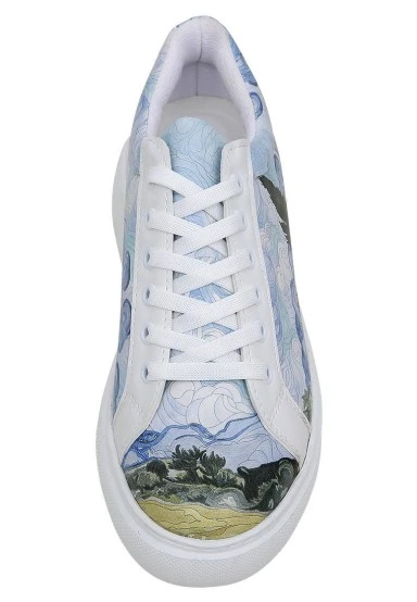 Femme Cuir Vegan Blanc Baskets - Vincent van Gogh A Wheat Field with Cypresses Motif - 