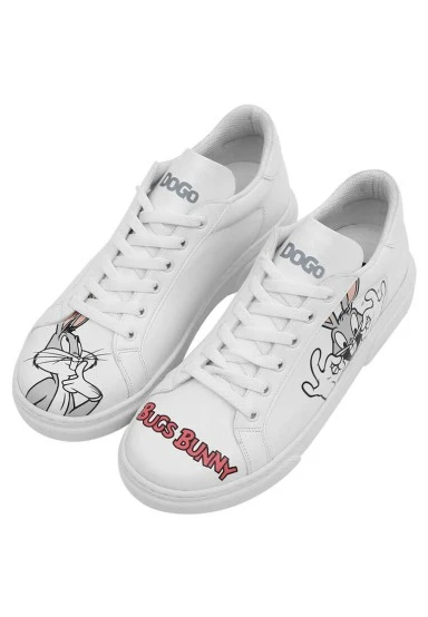 Femme Cuir Vegan Blanc Baskets - What's Up Doc? Bugs Bunny Motif - 