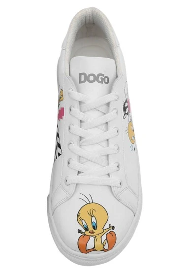 Femme Cuir Vegan Blanc Baskets - Best of Tweety and Sylvester Motif - 