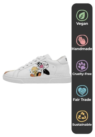 Femme Cuir Vegan Blanc Baskets - Best of Tweety and Sylvester Motif - 