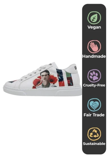 Femme Cuir Vegan Blanc Baskets - Viva la Vida Frida Kahlo Motif - 