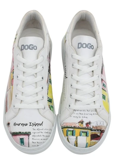 Femme Cuir Vegan Blanc Baskets - Burano Island Motif - 