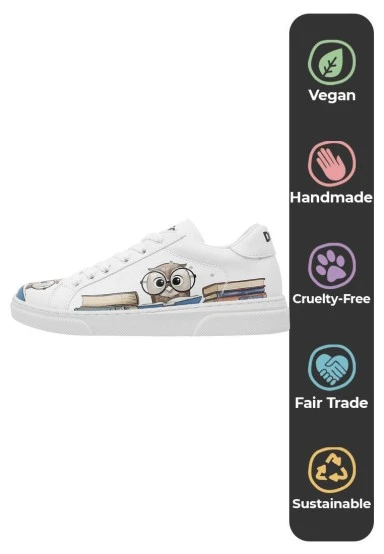 Femme Cuir Vegan Blanc Baskets - The Wise Owl Motif - 