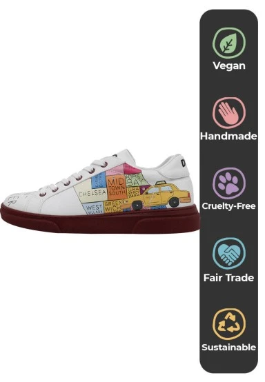 Femme Cuir Vegan Blanc Baskets - Manhattan Motif - 