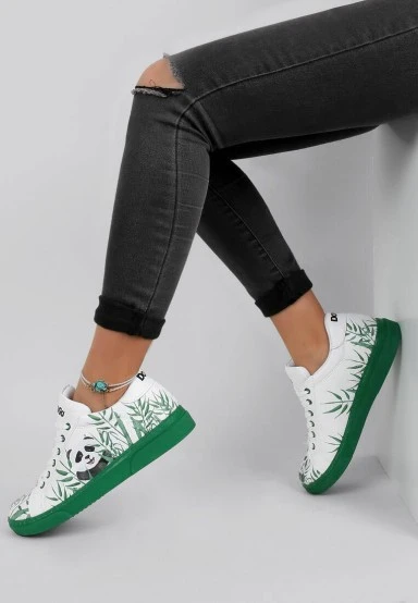Femme Cuir Vegan Blanc Baskets - Bamboo Lover Motif - 