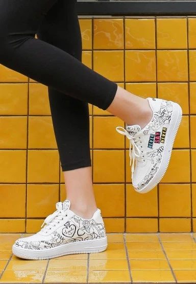 Femme Cuir Vegan Blanc Baskets - Never Say Never Motif - 