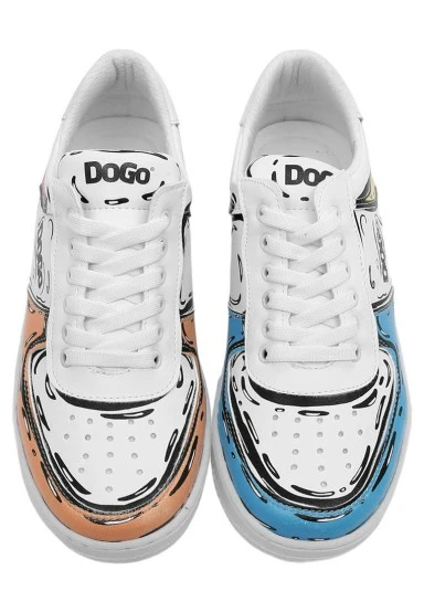 Femme Cuir Vegan Blanc Baskets - Dogo Sketch Motif - 