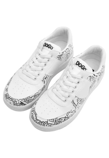 Femme Cuir Vegan Blanc Baskets - Bon Voyage Motif - 