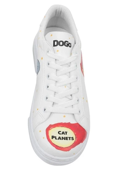 Femme Cuir Vegan Blanc Baskets - Cat Planets Motif - 