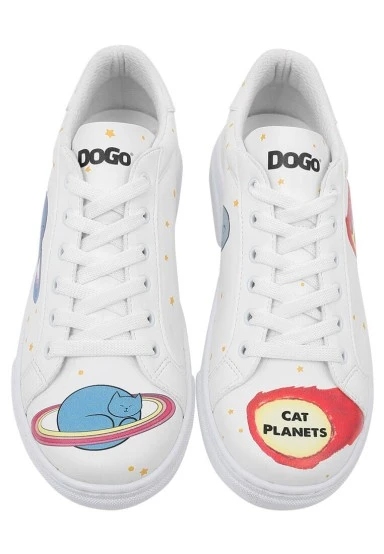 Femme Cuir Vegan Blanc Baskets - Cat Planets Motif - 