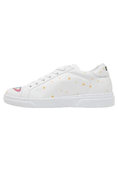 Femme Cuir Vegan Blanc Baskets - Cat Planets Motif - 