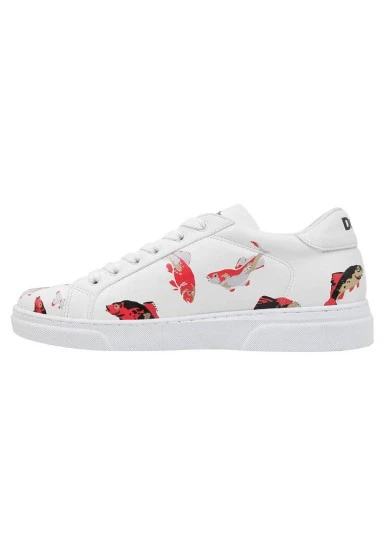 Femme Cuir Vegan Blanc Baskets - Koi World Motif - 