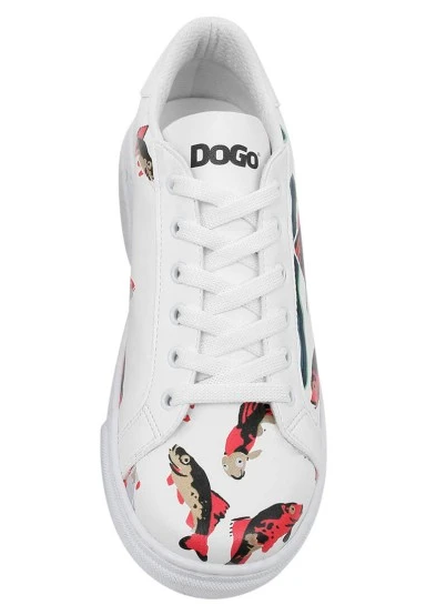 Femme Cuir Vegan Blanc Baskets - Koi World Motif - 