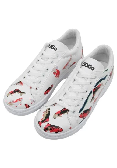 Femme Cuir Vegan Blanc Baskets - Koi World Motif - 