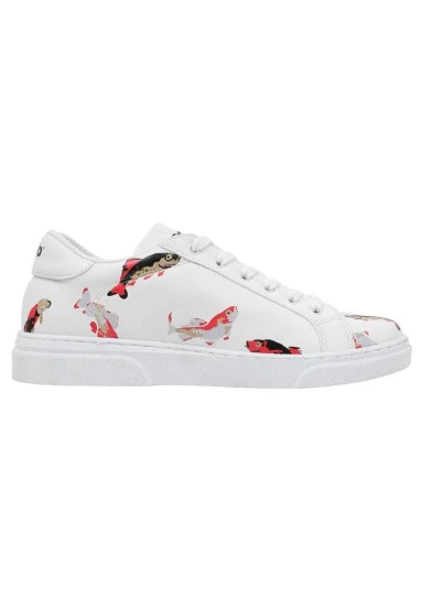 Femme Cuir Vegan Blanc Baskets - Koi World Motif - 