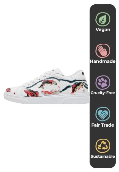 Femme Cuir Vegan Blanc Baskets - Koi World Motif - 
