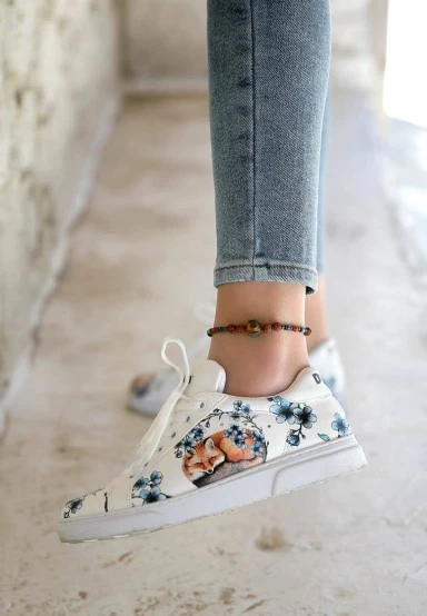 Femme Cuir Vegan Blanc Baskets - Stay Clever Motif - 