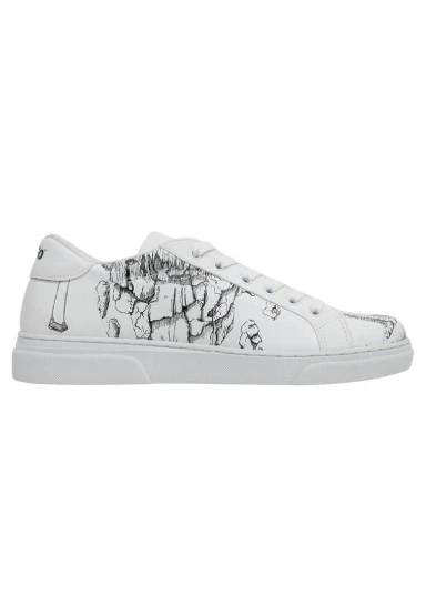 Femme Cuir Vegan Blanc Baskets - Time To Go Motif - 