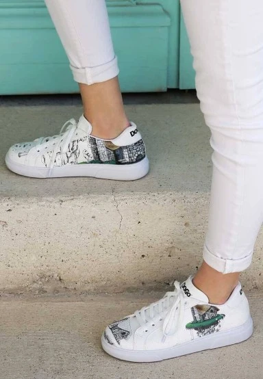 Femme Cuir Vegan Blanc Baskets - Time To Go Motif - 
