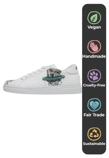 Femme Cuir Vegan Blanc Baskets - Time To Go Motif - 