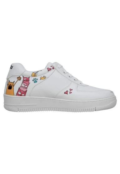 Femme Cuir Vegan Blanc Baskets - Cat Lovers Motif - 