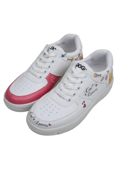 Femme Cuir Vegan Blanc Baskets - Cat Lovers Motif - 