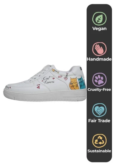 Femme Cuir Vegan Blanc Baskets - Cat Lovers Motif - 