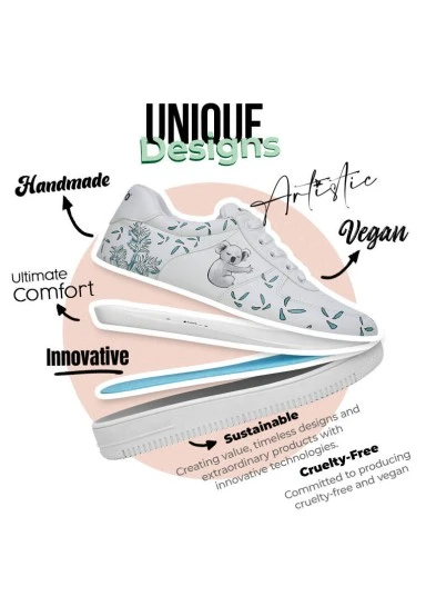Femme Cuir Vegan Blanc Baskets - Koala Hug Motif - 