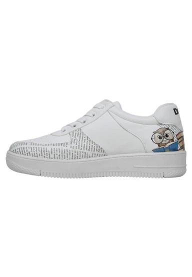 Femme Cuir Vegan Blanc Baskets - The Wise Owl Motif - 