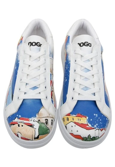 Femme Cuir Vegan Blanc Baskets - On the Roofs Motif - 