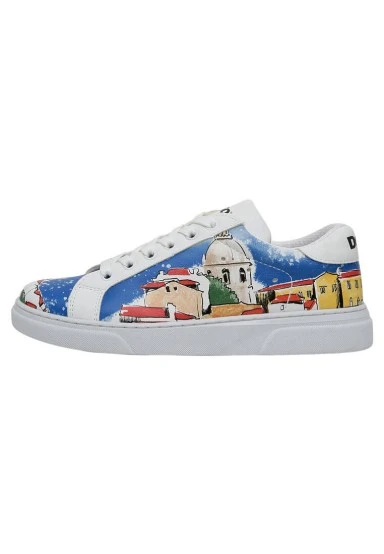 Femme Cuir Vegan Blanc Baskets - On the Roofs Motif - 