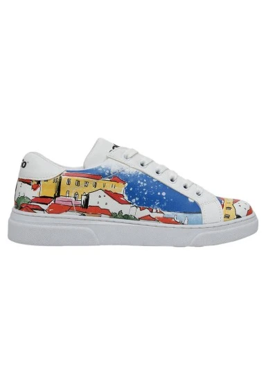 Femme Cuir Vegan Blanc Baskets - On the Roofs Motif - 