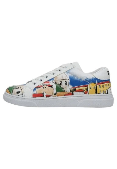 Femme Cuir Vegan Blanc Baskets - On the Roofs Motif - 