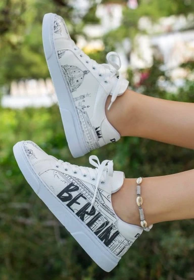 Femme Cuir Vegan Blanc Baskets - Berlin Motif - 