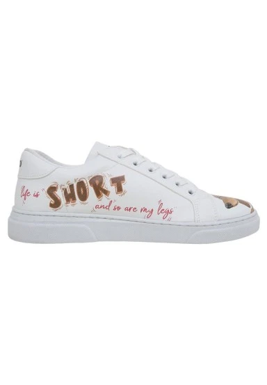 Femme Cuir Vegan Blanc Baskets - Mini Puppy Motif - 