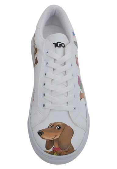 Femme Cuir Vegan Blanc Baskets - Mini Puppy Motif - 