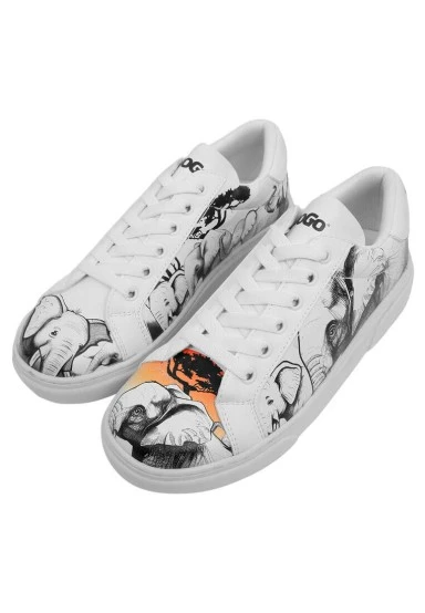 Femme Cuir Vegan Blanc Baskets - Sunset Animals Motif - 