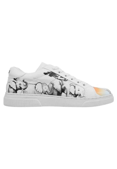 Femme Cuir Vegan Blanc Baskets - Sunset Animals Motif - 