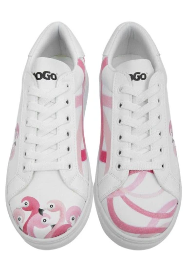 Femme Cuir Vegan Blanc Baskets - Pink Paradise Motif - 