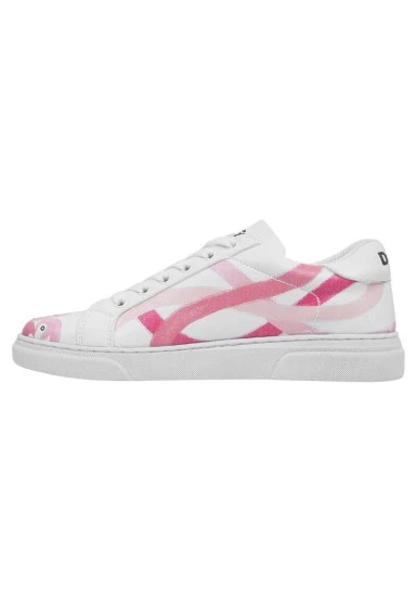 Femme Cuir Vegan Blanc Baskets - Pink Paradise Motif - 