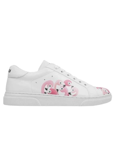 Femme Cuir Vegan Blanc Baskets - Pink Paradise Motif - 